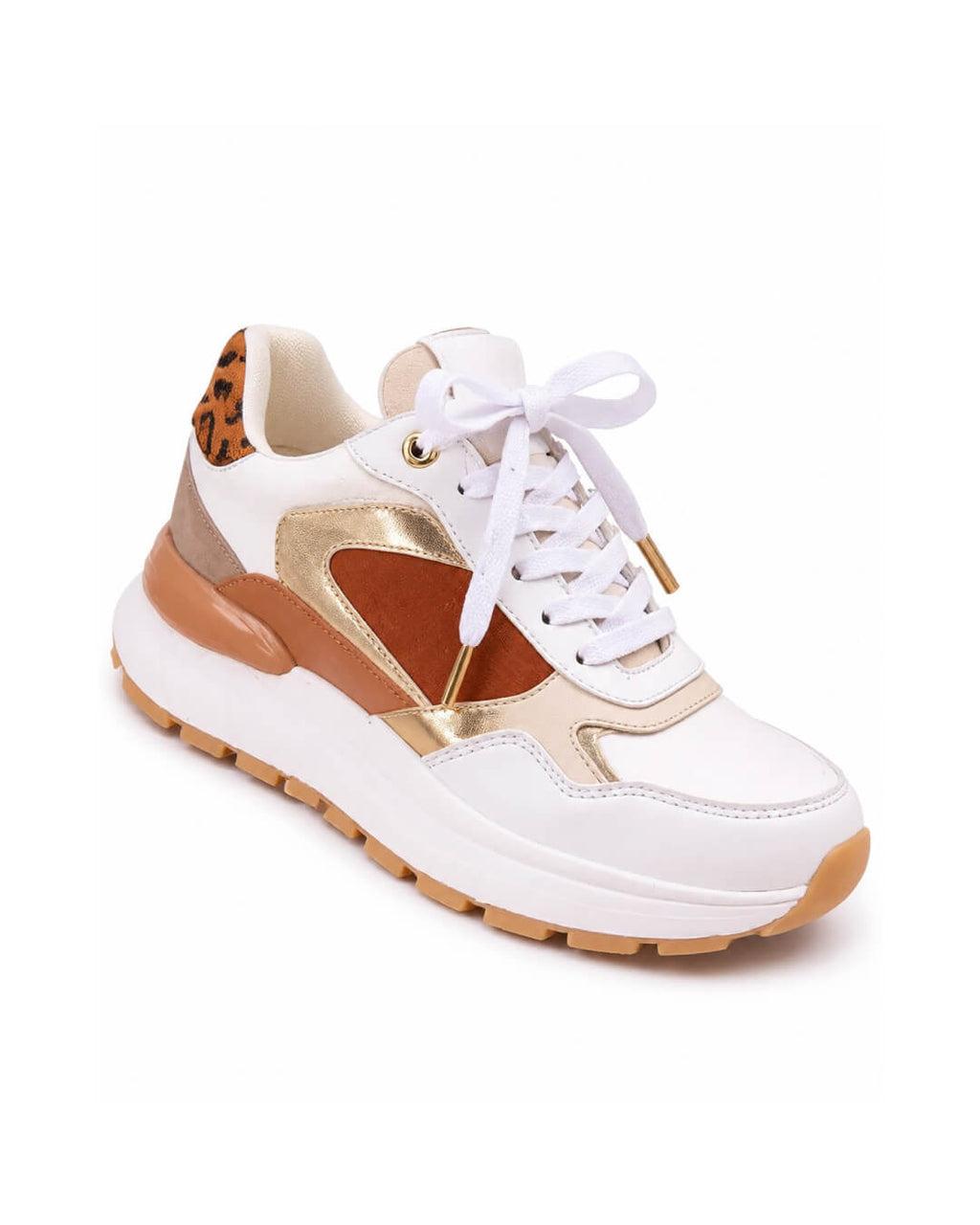 Tenis Aure Luxe con combinación de blanco y camel para mujer